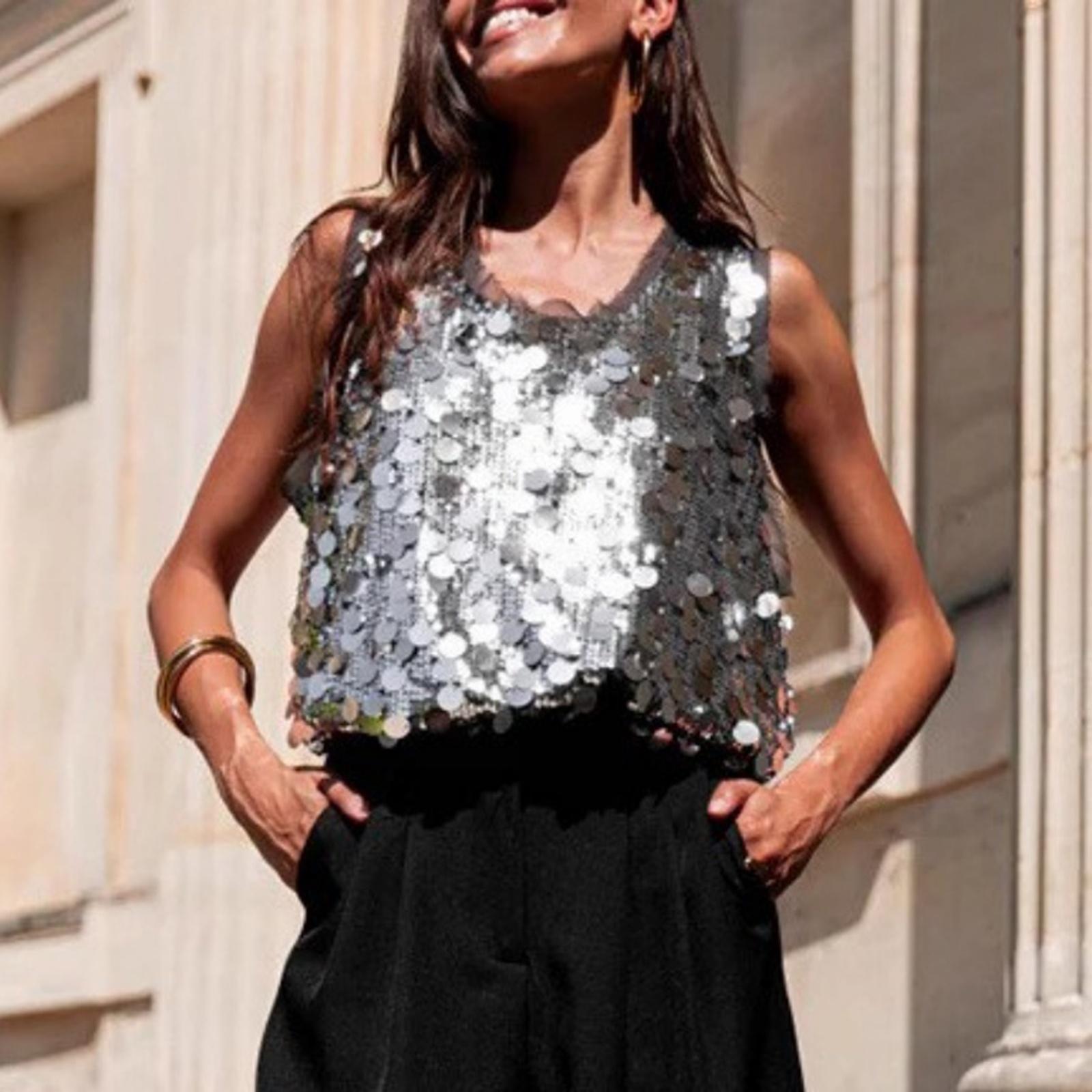 

Women s Sequin Sleeveless Vest, Shiny And Sexy, Summer Beached Party Top, Casual Round Neck Sleeveless Top XL