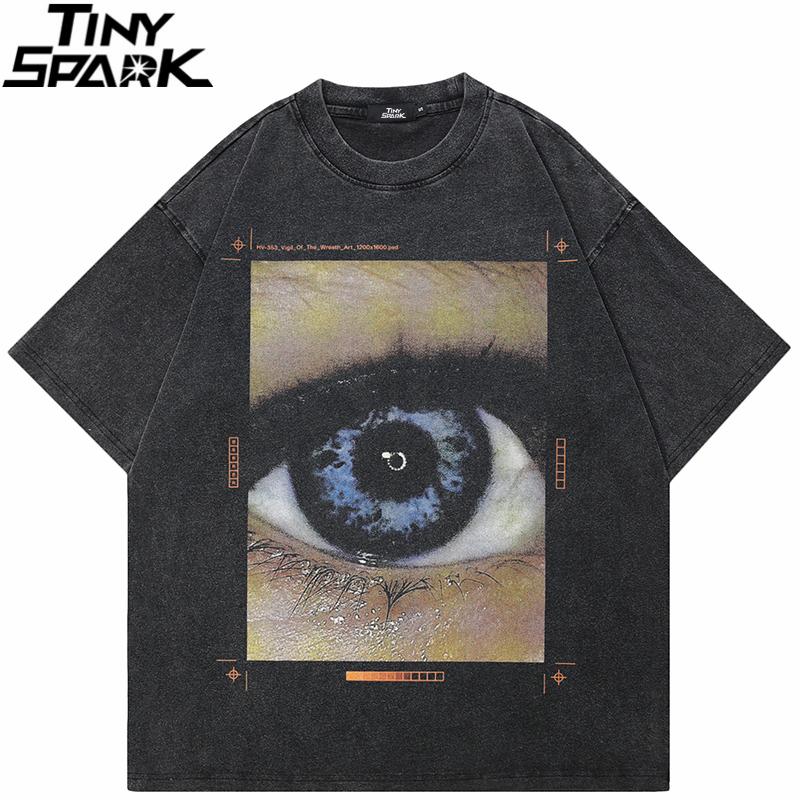 HipHop Retro Vintage Washed Black TShirt Streetwear Big Blue Eye Graphic T Shirt Cotton Men Tshirt Unisex Tops Tee Hipster