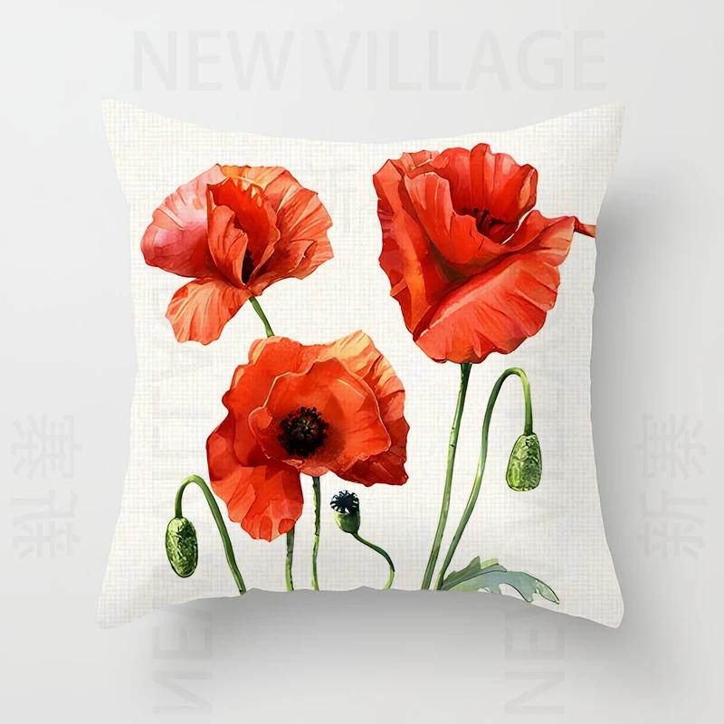 Nordic modern red flower linen pillowcase sofa cushion cover home decoration can be customized for you 40x40 50x50 60x60 45x45
