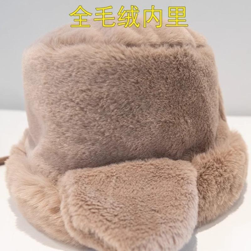 Bucket hat for women, velvet and thickened thermal basin hat in autumn and winter, big face Mongolian ear protector, small face hat for men