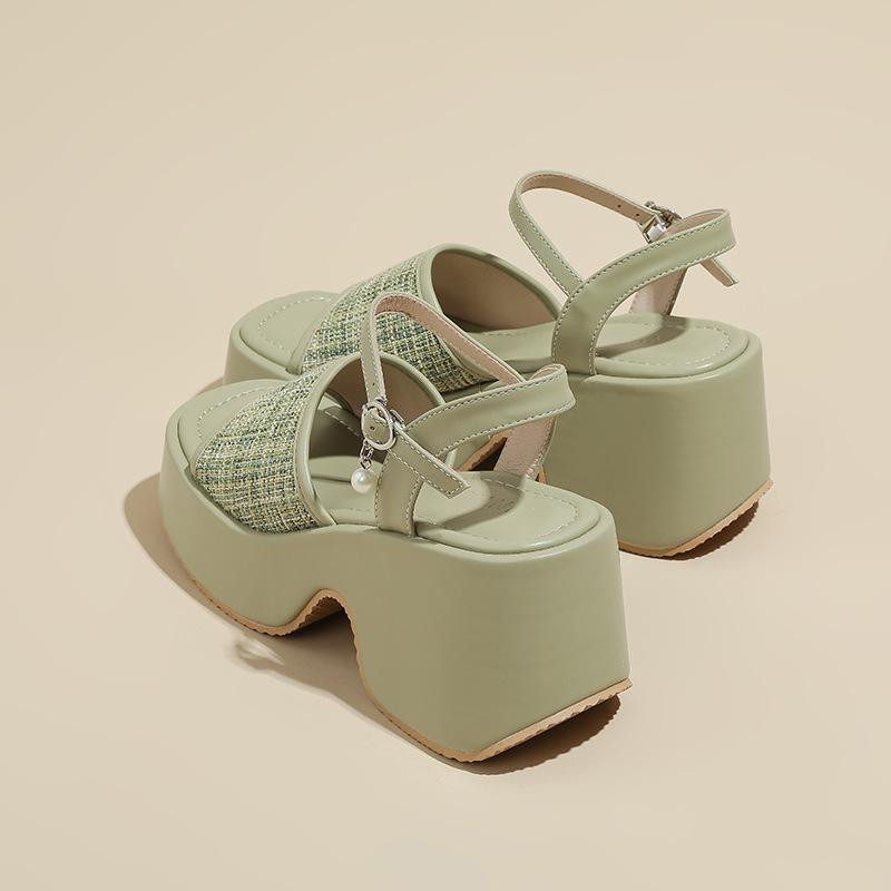 

Platform sandals women s summer new slope heel waterproof table small man heightened 7CM one-word buckle open-toe strap Roman shoes 39