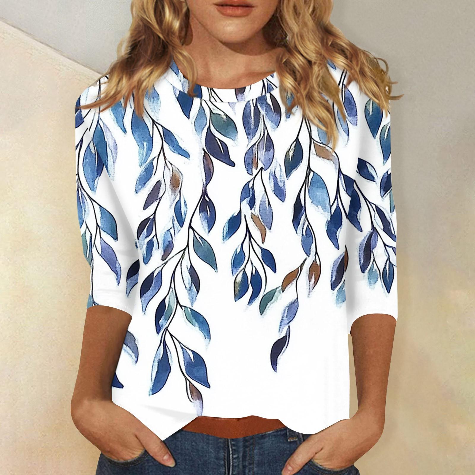 

Женская мода повседневная три четверти рукав винтажный цветочный принт круглый вырез топ XXL белый