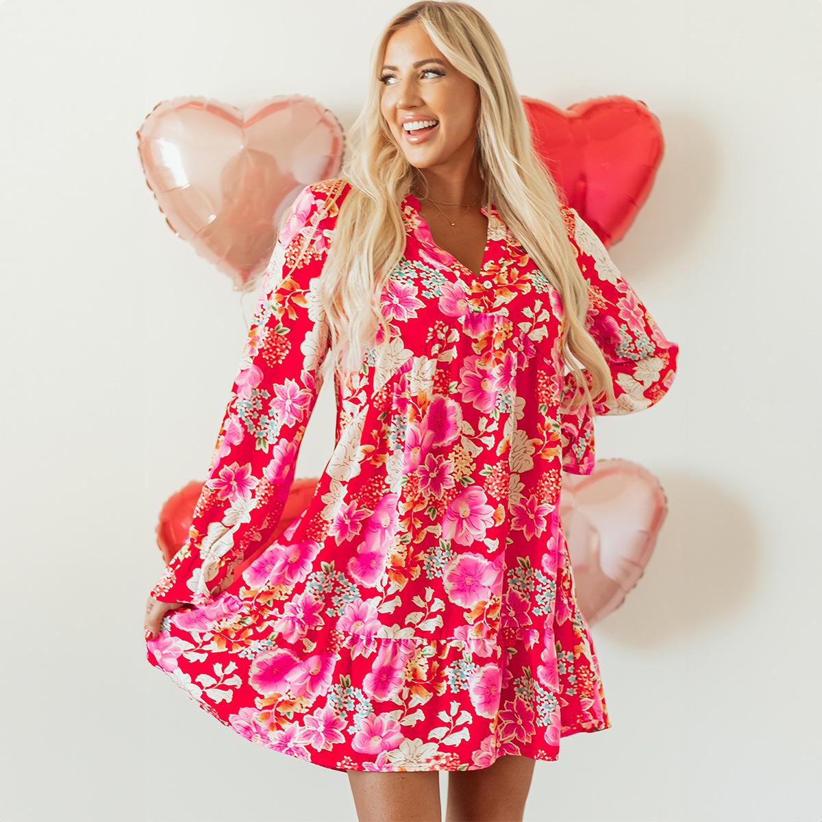 

Shiying Long-Sleeve Floral Color Block Ruffle Mini Dress L красный