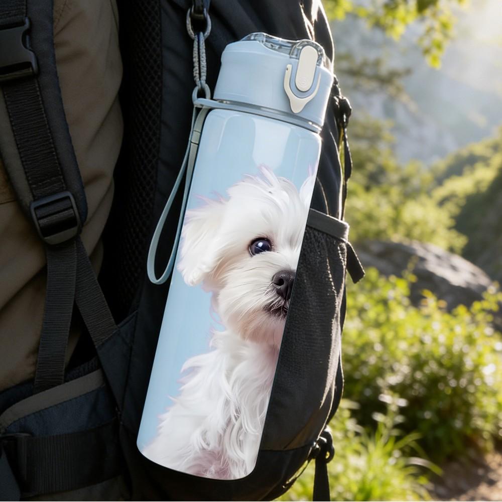 1PC White Fluffy Puppy Dog Print 750ml Color Plastic Sports Water Bottle Leakproof Flip Straw Lid Suitable for Sports Office Home Use