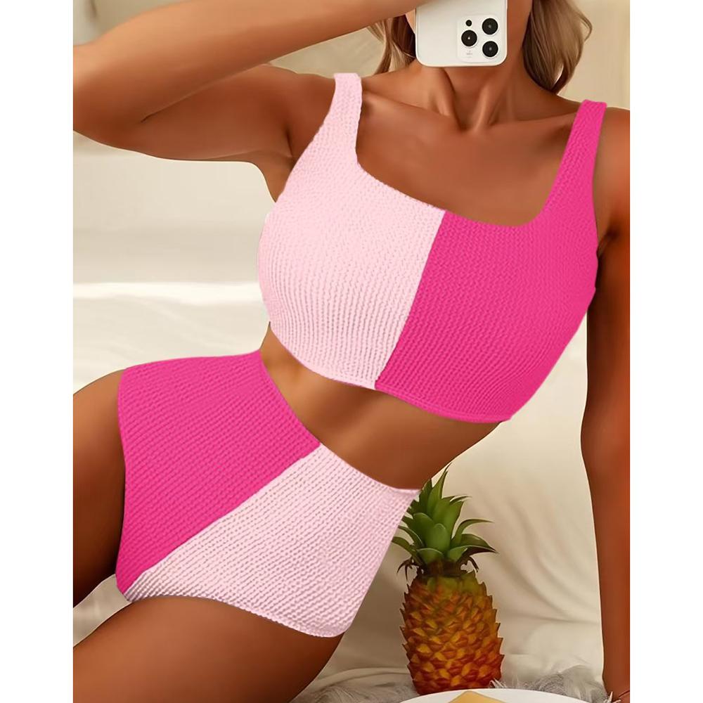 

2025 Бикини с высокой талией Лоскутный купальник Женский сексуальный купальник Женские купальники Купание Плавание Купальный костюм Пляжная одежда XL горячий розовый