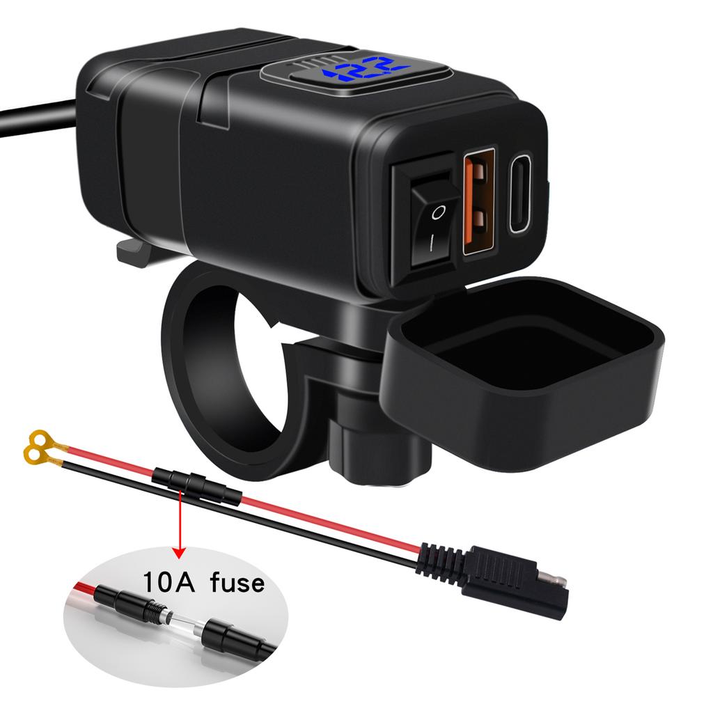 Motorcycle USB Type C Fast Charging QC3.0 with Voltmeter ONCelsiusOff for Phone Tablet