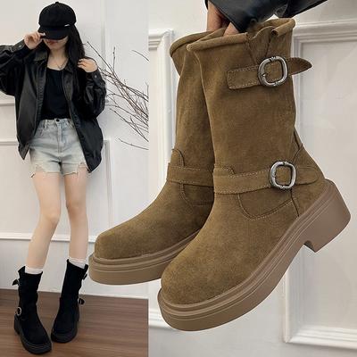 Autumn and Winter New Matte Leather Medium Boots Women's Double Buckle with Thick Sole Retro Elegant Temperament Martin Boots