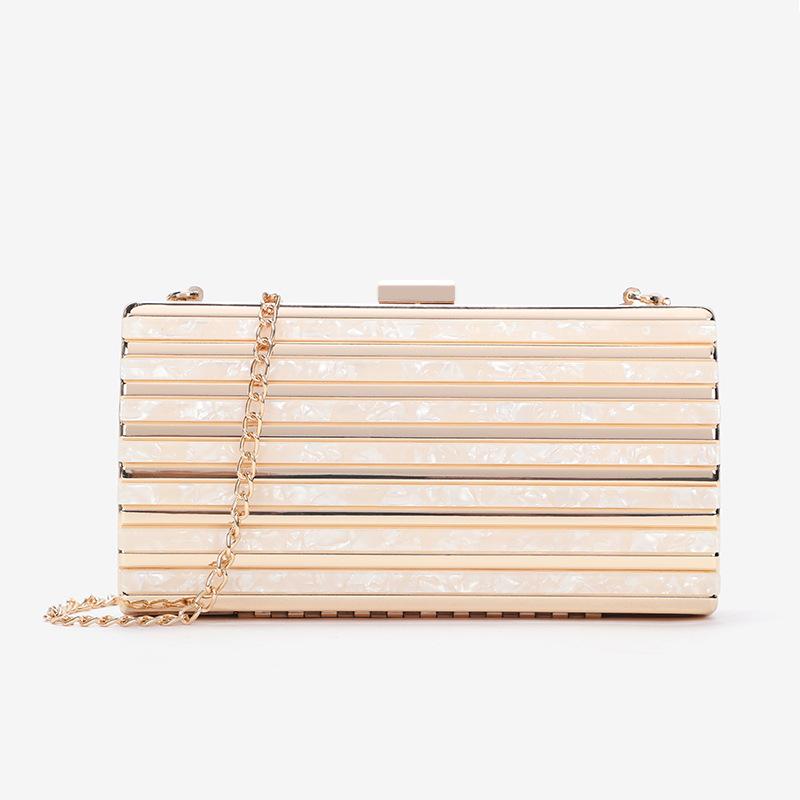 Women's Bag New Sweet Lady Metal Striped Small Square Bag Versatile Shoulder Messenger Chain Dinner Bag