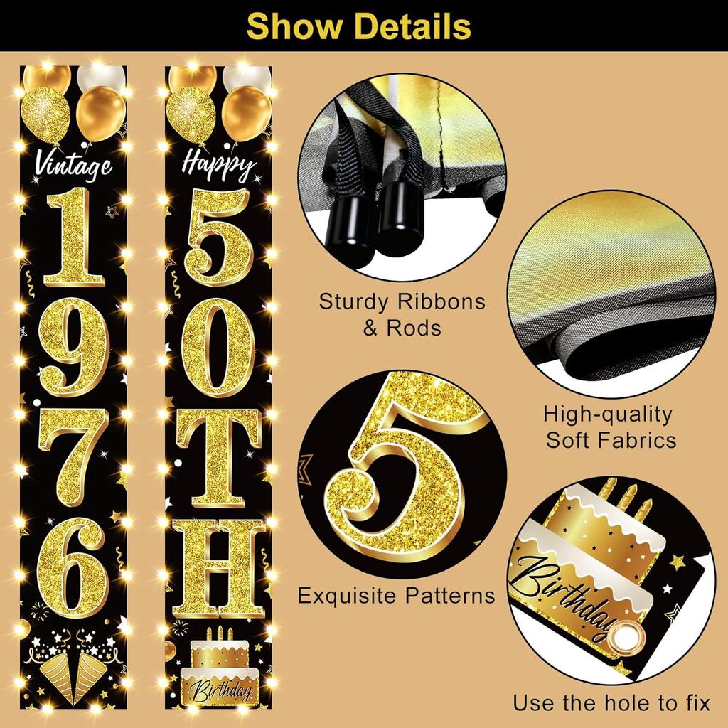 50th Birthday Party Banner Lighted Decorations for Men and Women - Black Gold Vintage 1976 50th Birthday Door Banners with LED Light, Fifty Years
