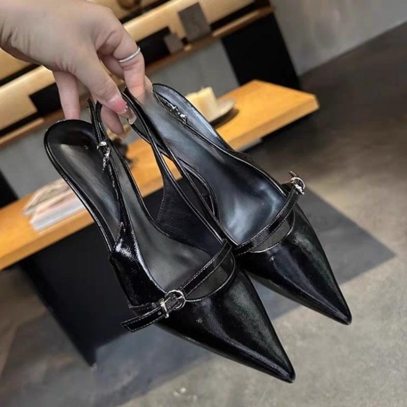 Fashion Baotou Sandals Summer New Pointed Head Shallow Mouth Metal Buckle A Line with Anti-slip Wear-resistant Heel Shoes