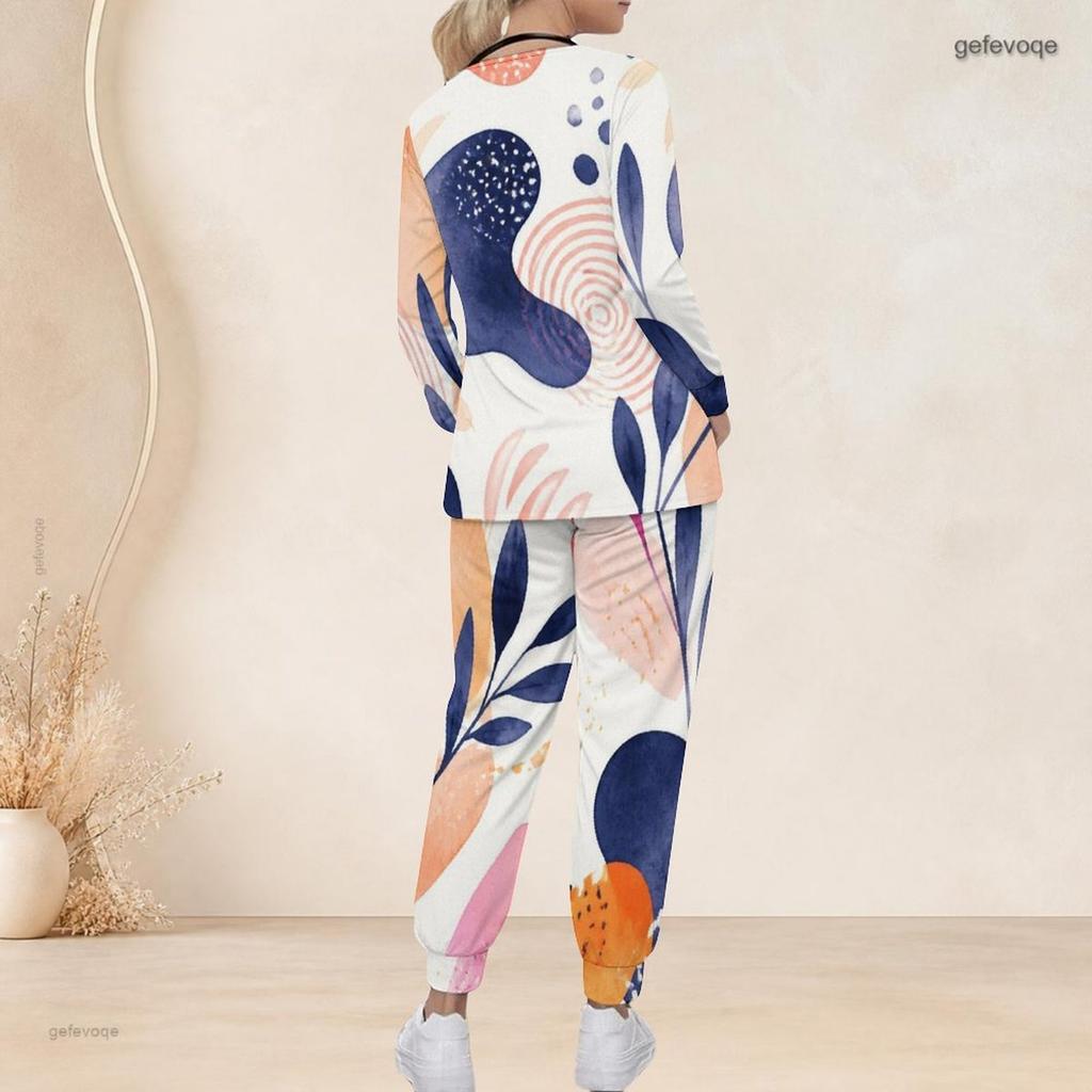 Women Plus Size Abstract Printed Nurse Scrub Set V Neck Long Sleeve Pocket Top Long Pants Two Piece
