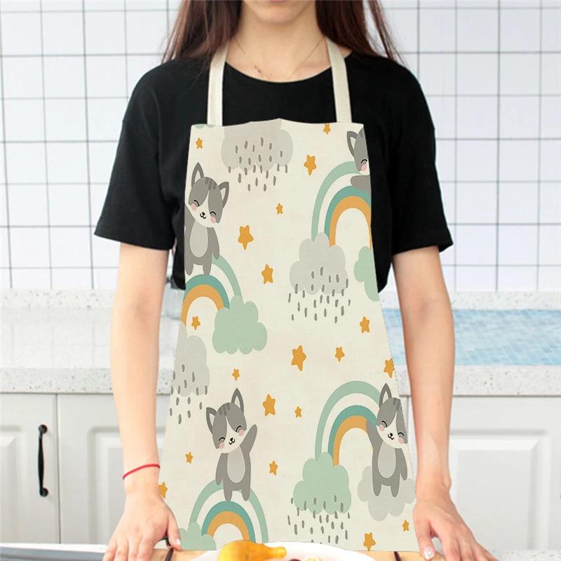 Cartoon Rainbow Clouds Kitchen Sleeveless Apron Women Men Linen Waist Bib Home Cleaning Apron Cute Animal Household Pinafore