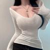 Korean Dongdaemun Slimming Low-Cut Feminine Sheer Long-Sleeve Figure-Flattering T-shirt