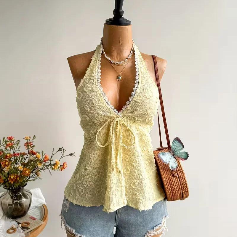 

Women s Summer V-neck Lace Up Exposed Neck and Backless Casual Vacation Topboho Easter Beach Clothing Hawaii Coachella Music Fes XS жёлтый