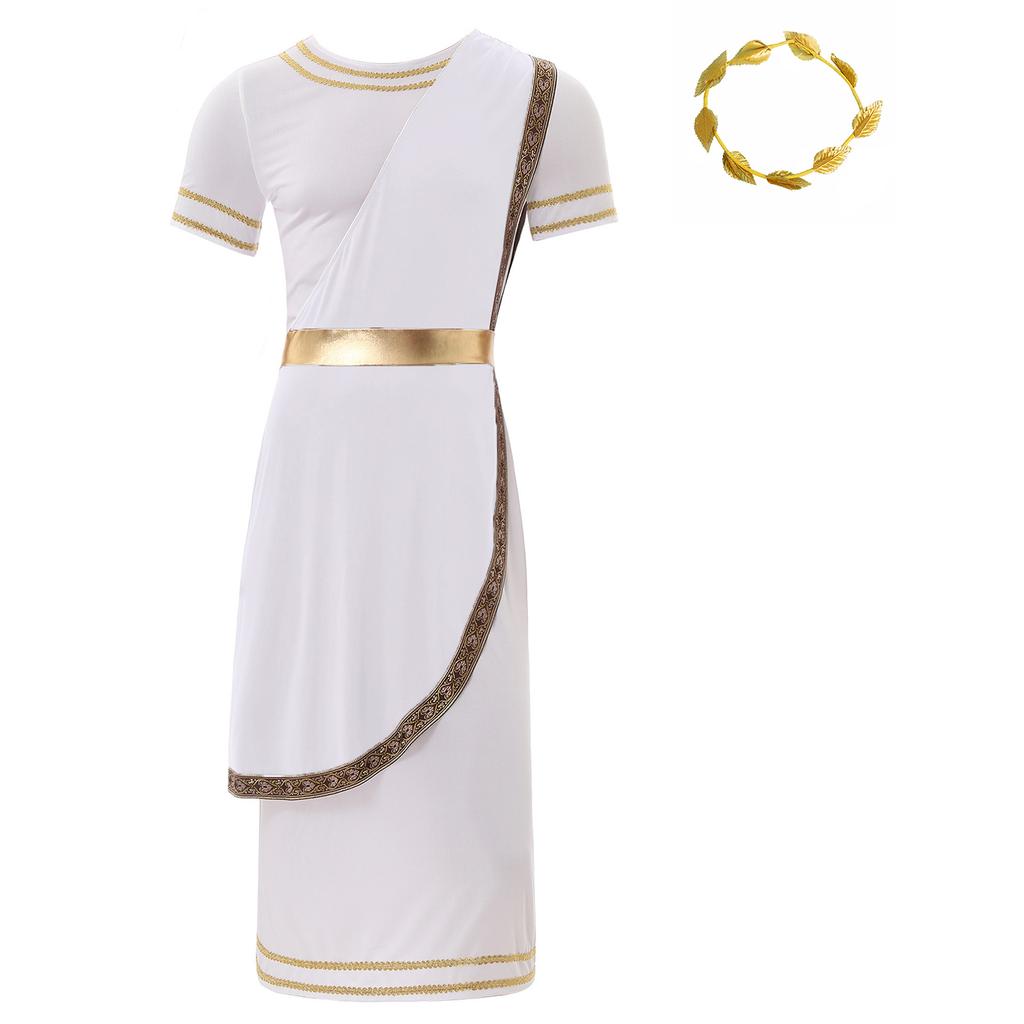 Mens Ancient Greek Toga Costume Short Sleeve Retro Gold Trim Roman Robe Headband Cosplay