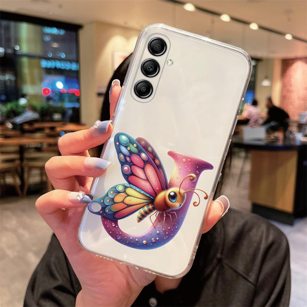 For Samsung Galaxy A54 A14 A34 A24 Blue Butterfly Flower Letters A-Z Couple Phone Case Transparent Clear Silicone Bumper Cover