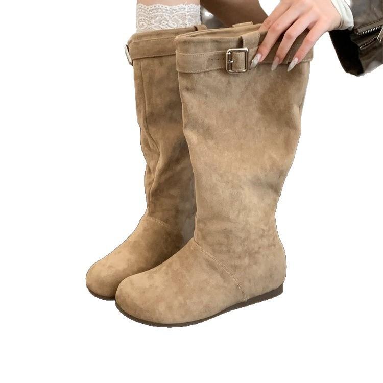 Locomotive round head pile new rad thick-soled boots high tube inner height increase beauty thick-soled thin boots female no
