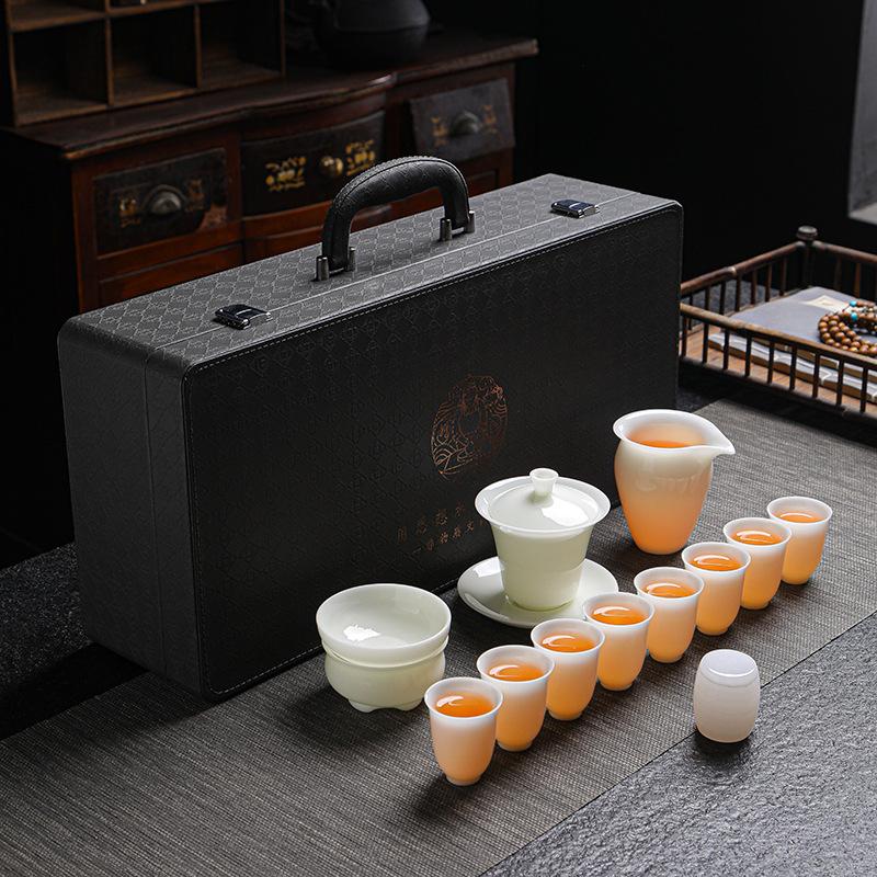 Ice crystal jade porcelain tea set for home use, giving customers practical high-end gifts, business company festival gifts