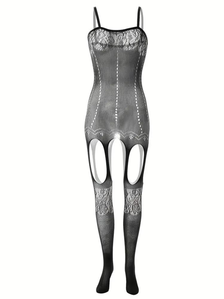 Hot Drilling Bodysuit Erotic Lingerie Women Fishnet Sexy Stockings With Belt Rhinestone Pantyhose Black Mesh Erotic Costumes