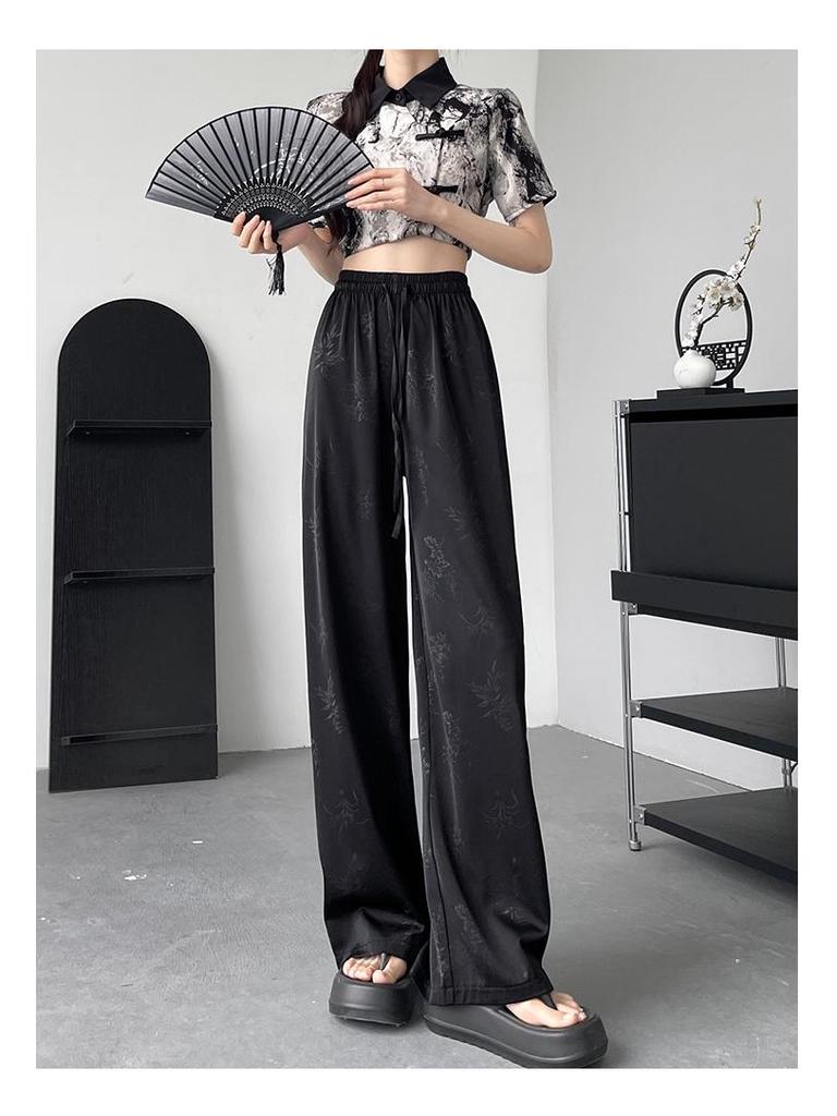 Spring 2025 New Chinese Jacquard Satin Wide-Leg Ice Silk Pants – Women's Popular Casual Style
