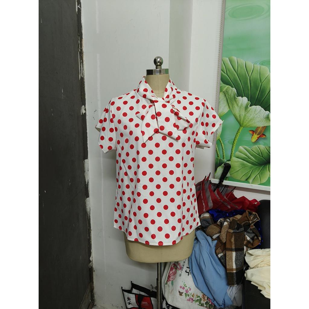 Summer Polka Dot Short Sleeve Lace-up Blouse Shirt Women's Casual Fashion Top for Outdoor Daily Wear