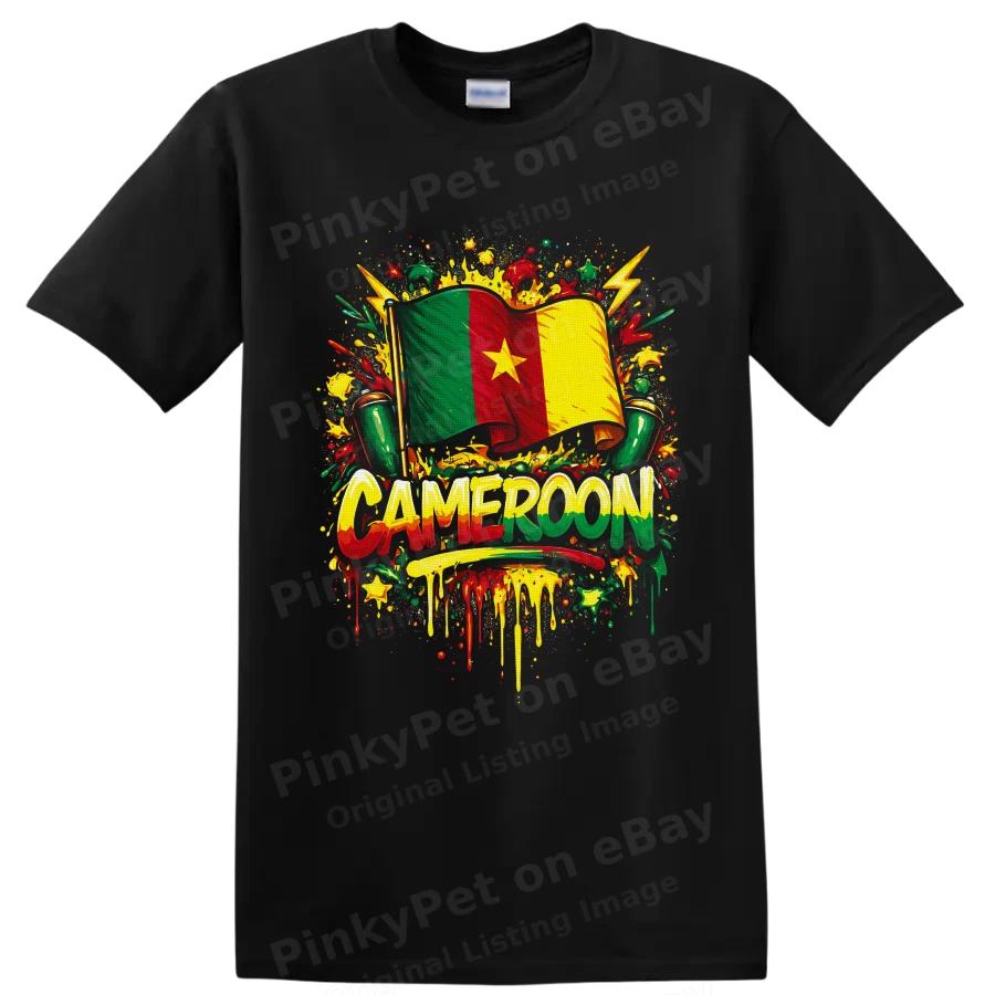 Cameroon Flag T Shirt African Pride Graphic Drums Paint Splash Cultural Art Tee