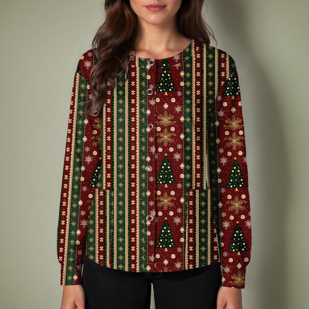 Women's Casual Long-sleeved Single-breasted Christmas Printed Protective Clothing Cardigan Top