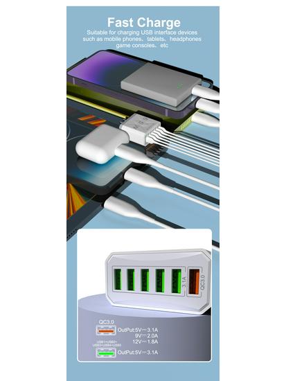 65W QC3.0 6-Port USB Fast Charger for Mobile Phones - US/EU/UK Standard