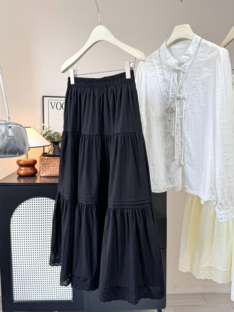 2026 Summer Women's White A-Line Lace Trim Flared Long Skirt with High Waist and Pleats