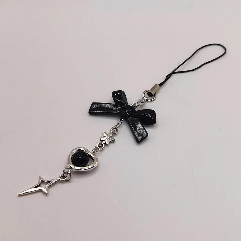 Black Punk Y2K Phone Pendant Chain Cool Girl Sweet Pink Beaded Charm With Cross Butterfly Love Accessories For iPhone Camera Bag 1