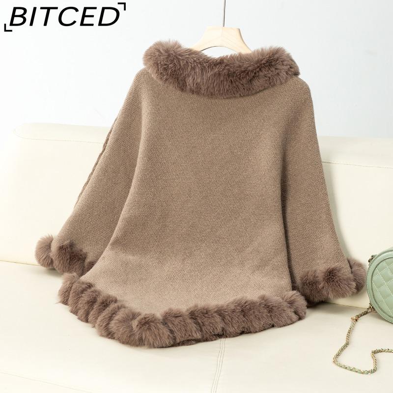 BITCED Solid Colour Wool-Trimmed Pullover for Women Autumn/Winter Thick Vintage Check Knitted Cape Shawl