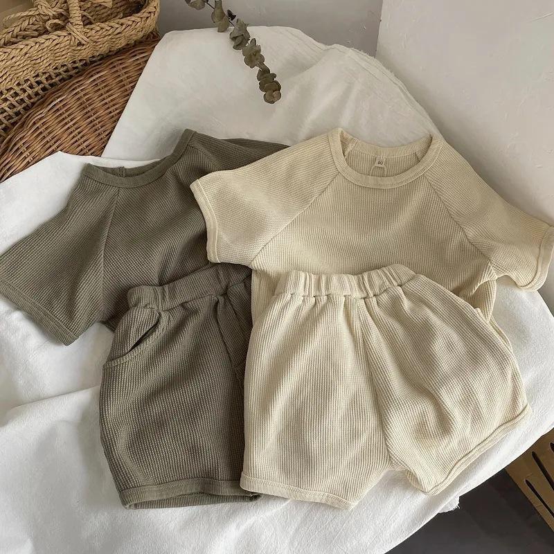 Boys' and Girls' Short Sleeve Set Waffle Baby Home and Outdoor Wear Simple and Trendy Two Piece Set