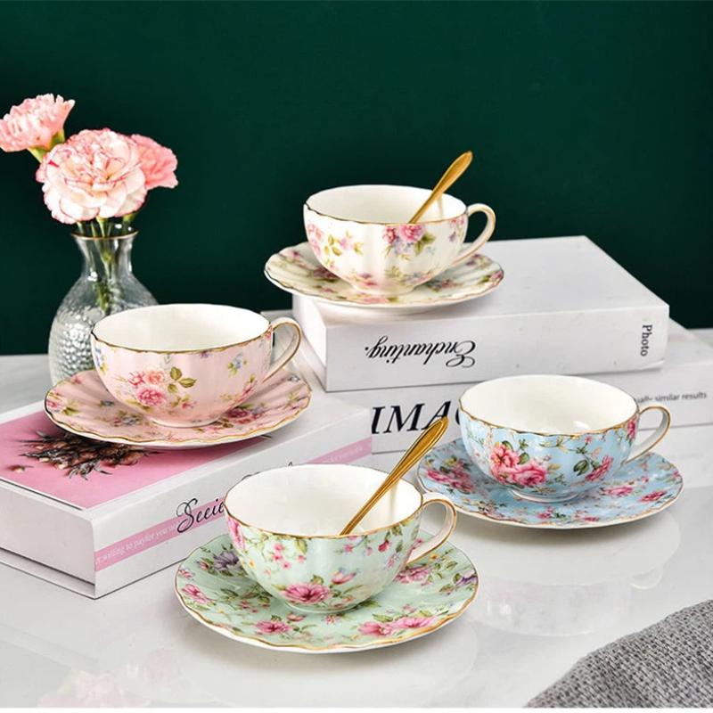 European Bone China Coffee Cup Set – Porcelain Cup, Saucer & Spoon Flowers Tea Set