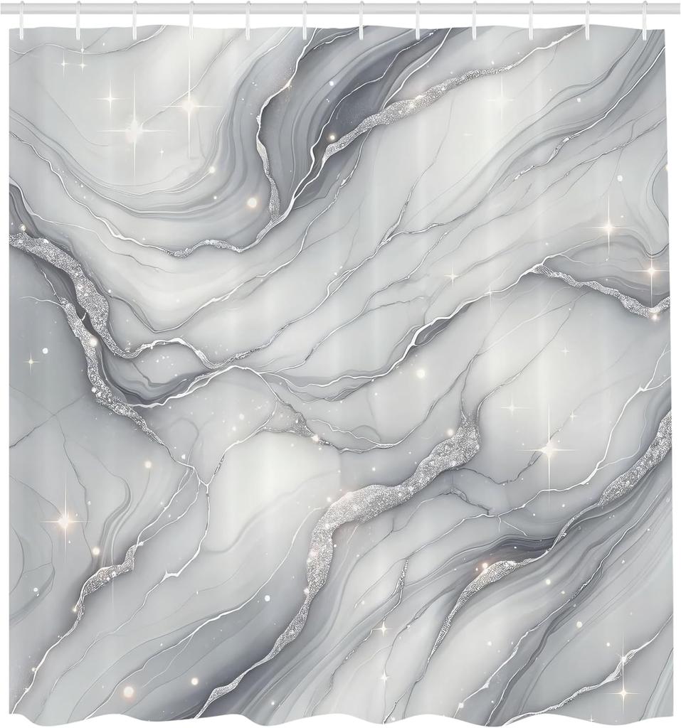Grauer Duschvorhang, Modernes Abstraktes Marmor-Print-Look Sternenhimmel-Atmosphäre Print Wellenlinien Boho, Stoff Stoff Badezimmer