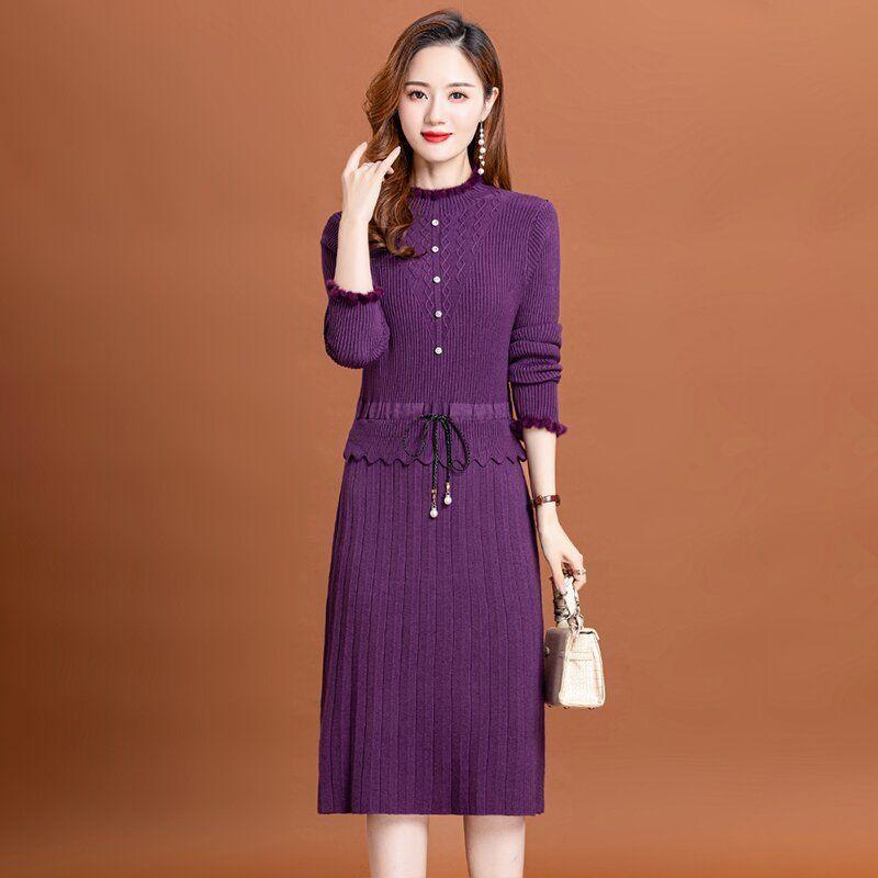 

Осенне-зимний новый шерстяной женский пуловер средней длины с твердой талией высокого качества длиной до колена и круглым вырезом One Size фиолетовый