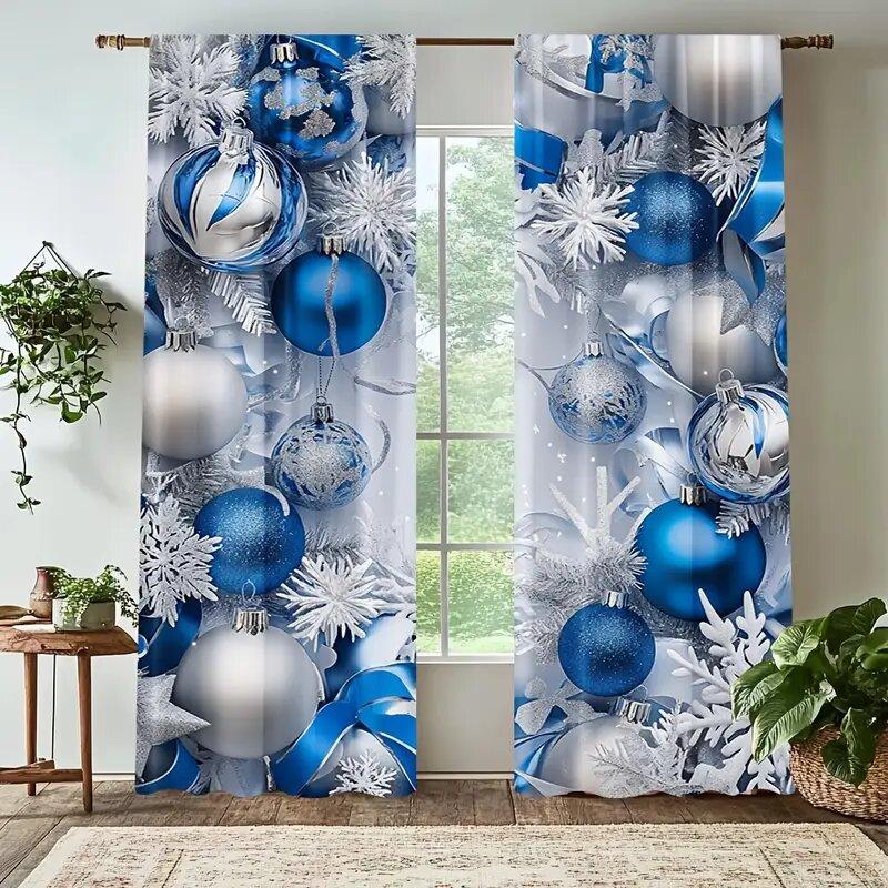 

Set Of 2 Luxurious Christmas Blue Silver Ball Print Curtains Pole Bag Home Decoration Room Curtain Made Polyester W100*H70(CM)-Grommet top&2PCS