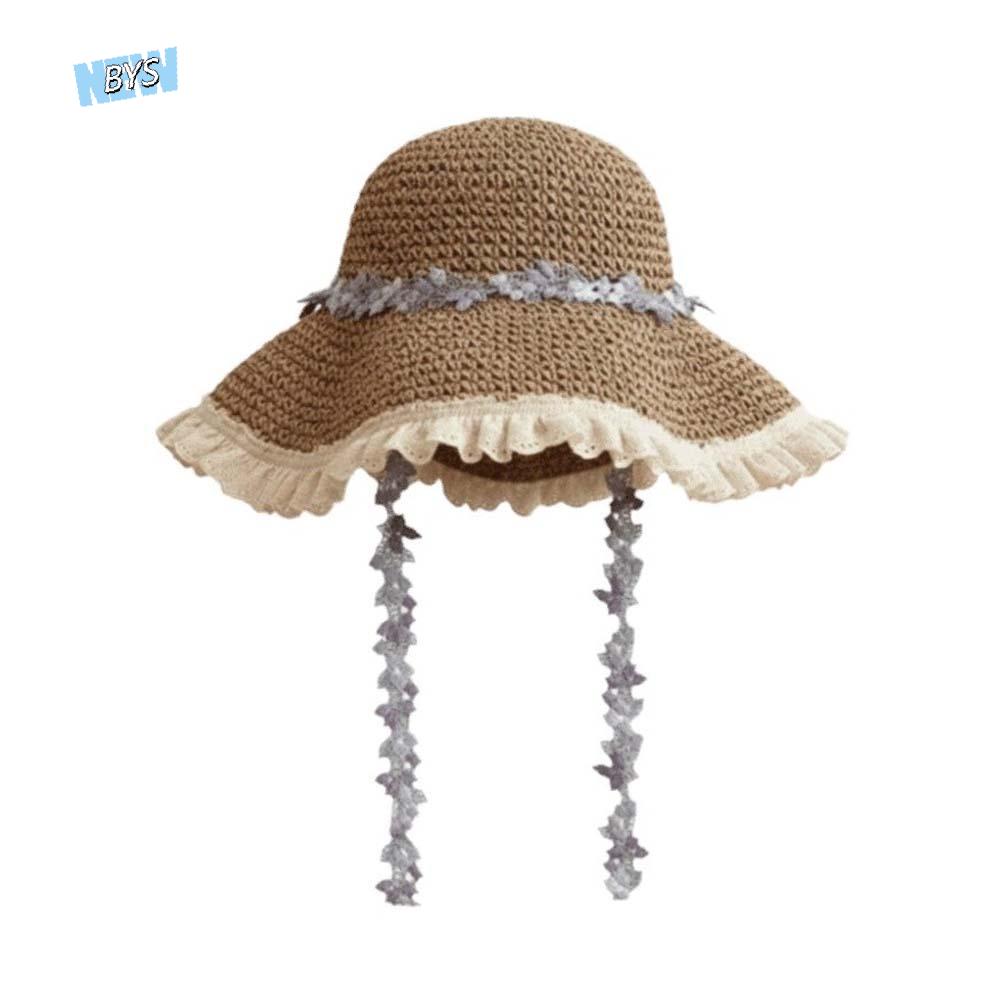 Solid Color Breathable Vacation Beach Cap with Garland Lightweight Big Brimmed Straw Hat Sombrero with Lace Woven Sun Cap Summer