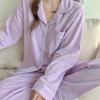 2024 Women's Long-Sleeve V-Neck Ribbed Cotton Pajama Set - Sweet Princess Style, Solid Color, Large Size, Ideal for Spring and Autumn.