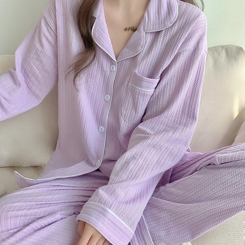 2024 Women's Long-Sleeve V-Neck Ribbed Cotton Pajama Set - Sweet Princess Style, Solid Color, Large Size, Ideal for Spring and Autumn.