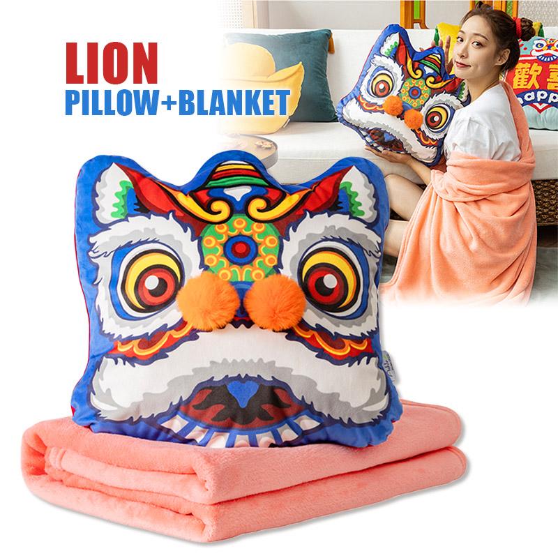 3D Printing Velvt Flannel Quilt Chinese Traditional Dance Lion Embroidery Air Conditioning Blanket And Cushion Sofa Car Decor