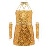 Kids Girls Jazz Dance Halter Dress Sleeveless Strappy Back Invisible Zipper Sparkling Sequins with 1 Pair Gloves for Stage Performance