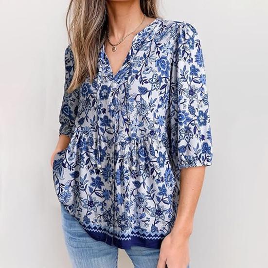 Women Shirt Loose Fit V Neck Printed Button Placket Shirt Tops Half Sleeve Breathable Summer Casual Tops