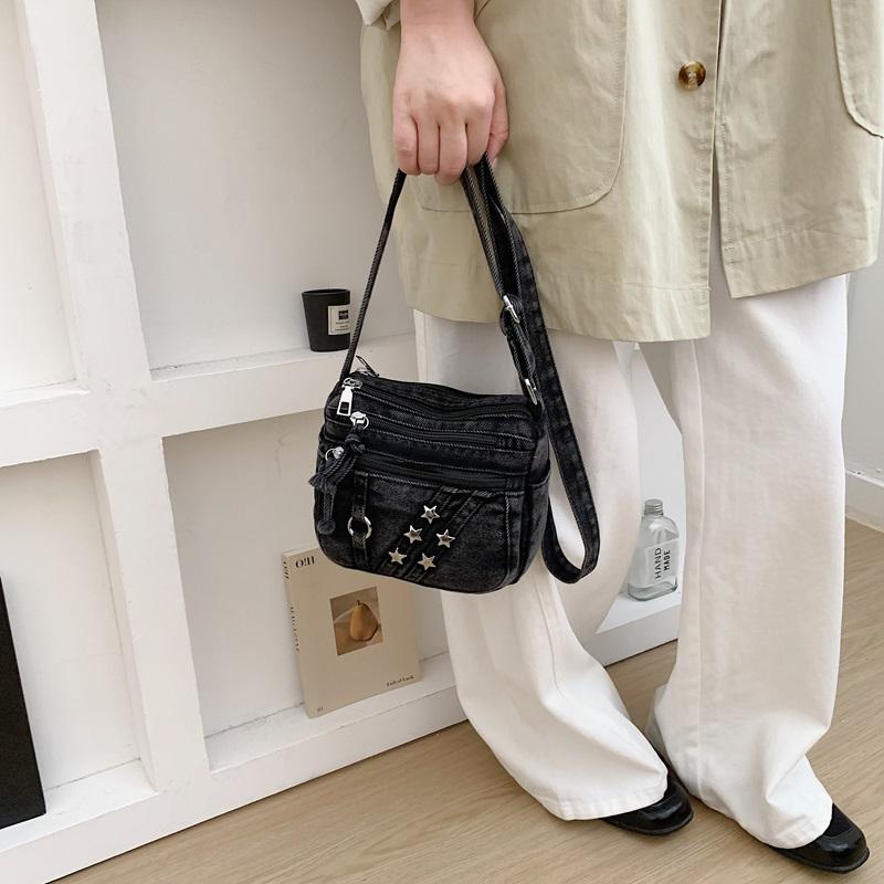 Washed Denim Crossbody Bag for Women Multi-Zipper Star Stud Casual Small Shoulder Purse