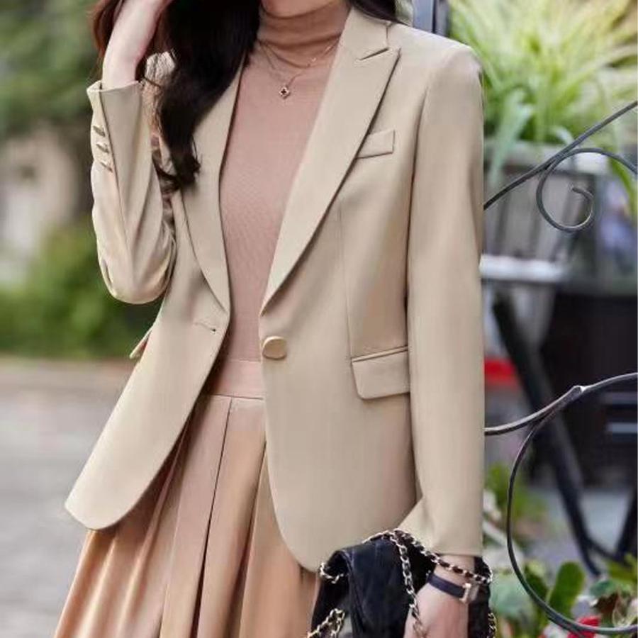 Autumn New Single-Button Slim Fit Women's Blazer Jacket, Solid Color Beige Casual Small Suit