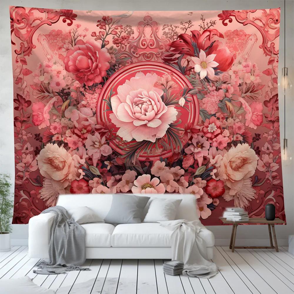 Chic Pink Floral Tapestry Flower Plant Series Wall Hanging Background Cloth Nordic Home Living Room Bedroom Decor Tapestries