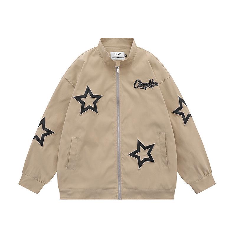 

Unisex Retro Star Embroidered Stand Collar Jacket - Casual, Loose Fit, Spring Street Fashion L