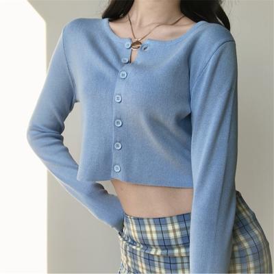 Koreaanse Stijl Ronde Hals Kort Gebreid Vest Dunne Cardigan Mode Lange Mouwen Zonwerend Crop Dames Top