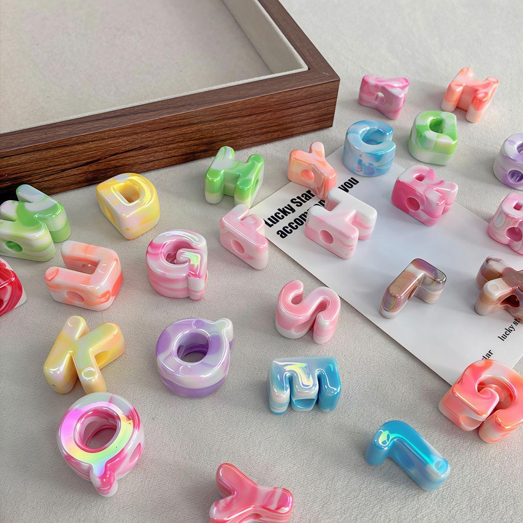 26-100pcs Acrylic Alphabet Beads Large Hole Two-Tone Iridescent UV Coated for DIY Phone Chain Keychain Jewelry Making Loose Bead