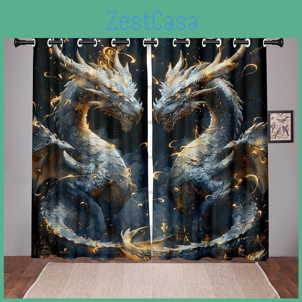 2 Panels Mystical Curtains Dragon 3d Print Sun Block Drapes Black Gold Fantasy Bedroom Living Room Decor Creative Unique