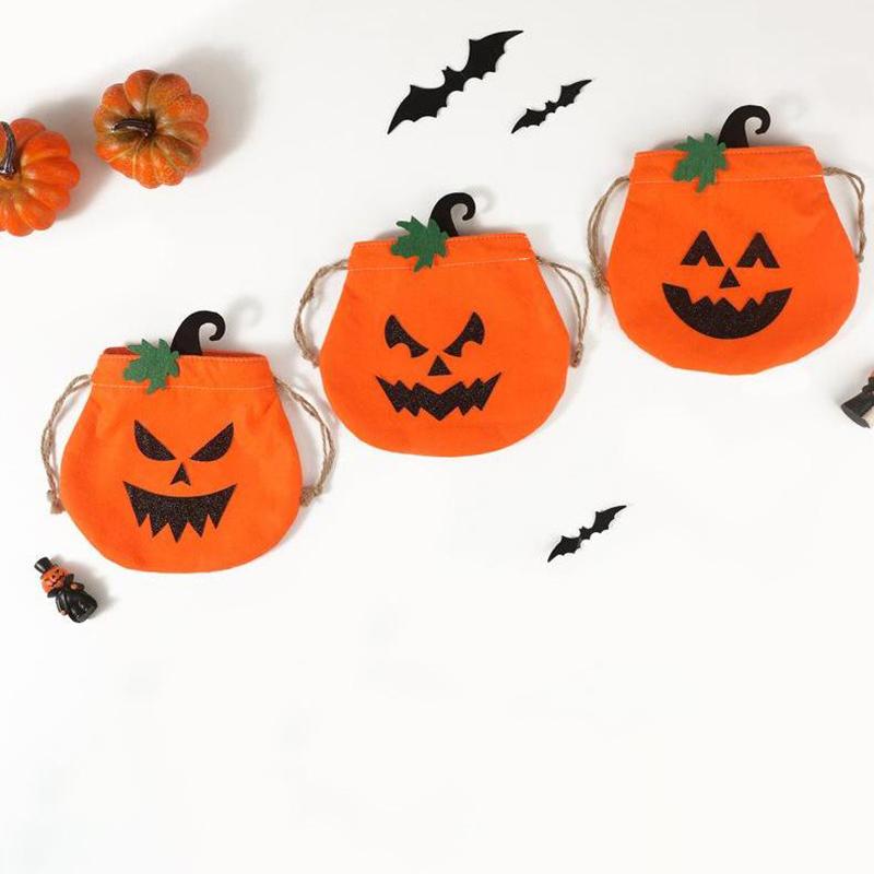 Halloween Felt Treat Bag Handmade Pumpkin Candy Goodie Gift Bag With Drawstring Trick Or Treat Halloween Party Favors Supplies
